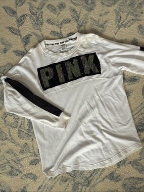 Oversized PINK Victoria's Secret White Long-Sleeve Tee with Black Sequin Logo
